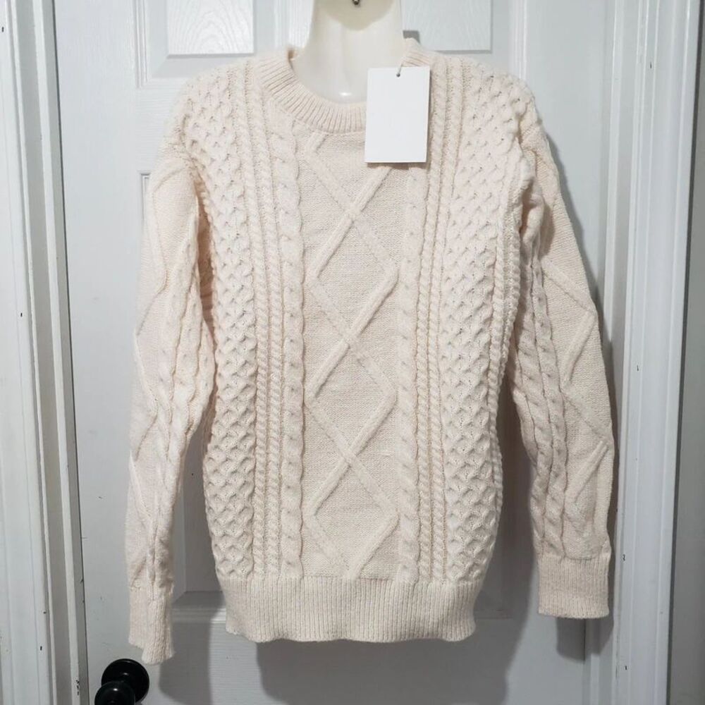Aelfric Eden | Cream White Cable Crewneck Sweater Diamond Chunky | Unisex Small